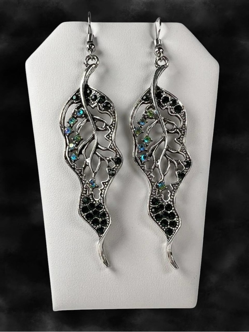 Silver Plated Curly Leaf Earrings Green Rhinestone Long Boho Dangle 3.2”